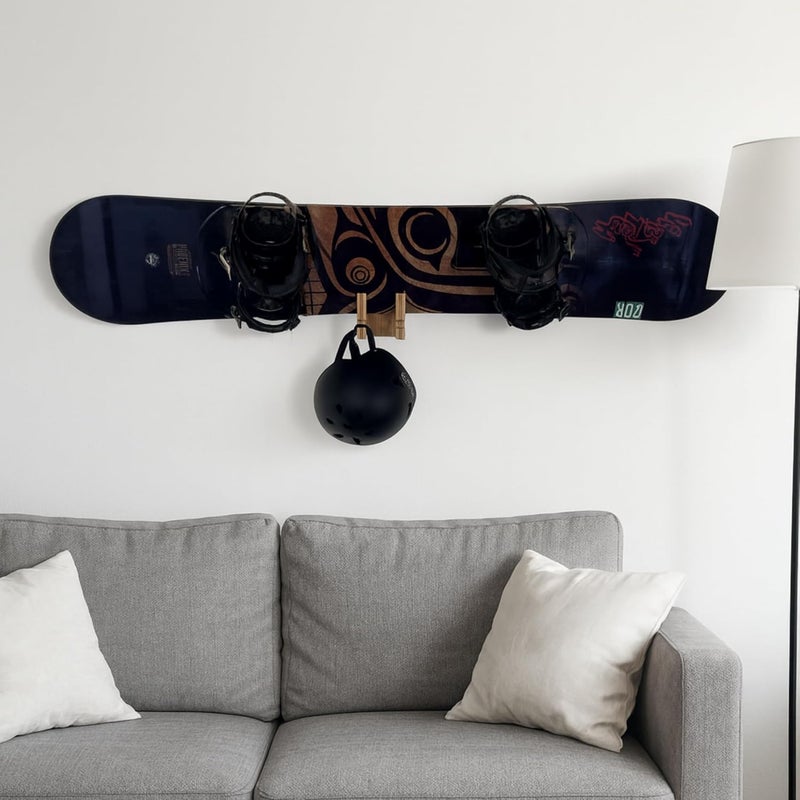 COR Surf Store حامل لوح التزلج والثلج على الحائط | رف لوح التزلج من الخيزران مع خطاف تخزين إضافي للخوذة أو الحقيبة - Image 2